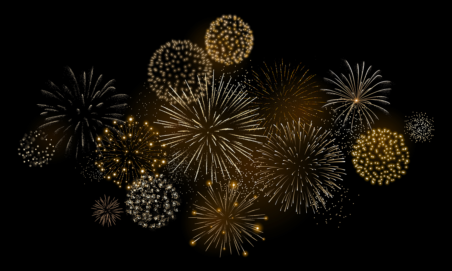 Gold fireworks vector background.